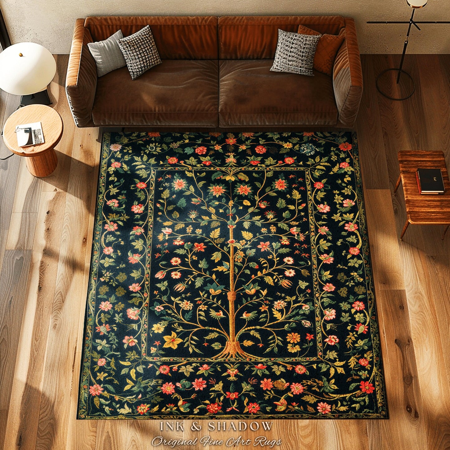 Whimsical Floral Folk Art Tree Rug, Enchanted Garden Aesthetic Rustic Cottagecore Decor Ethereal Home Accent Victorian Fairytale Living Room
