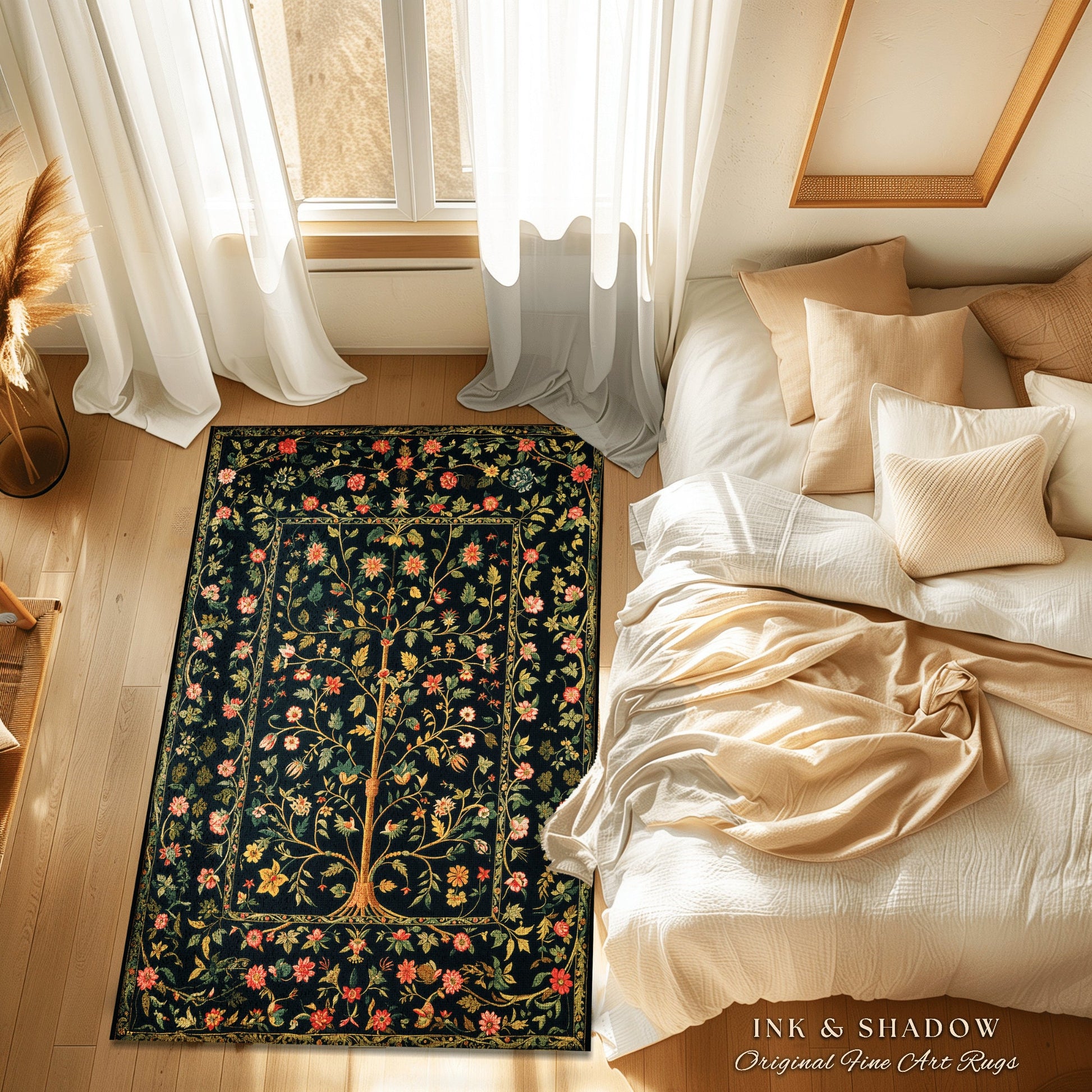 Whimsical Floral Folk Art Tree Rug, Enchanted Garden Aesthetic Rustic Cottagecore Decor Ethereal Home Accent Victorian Fairytale Living Room