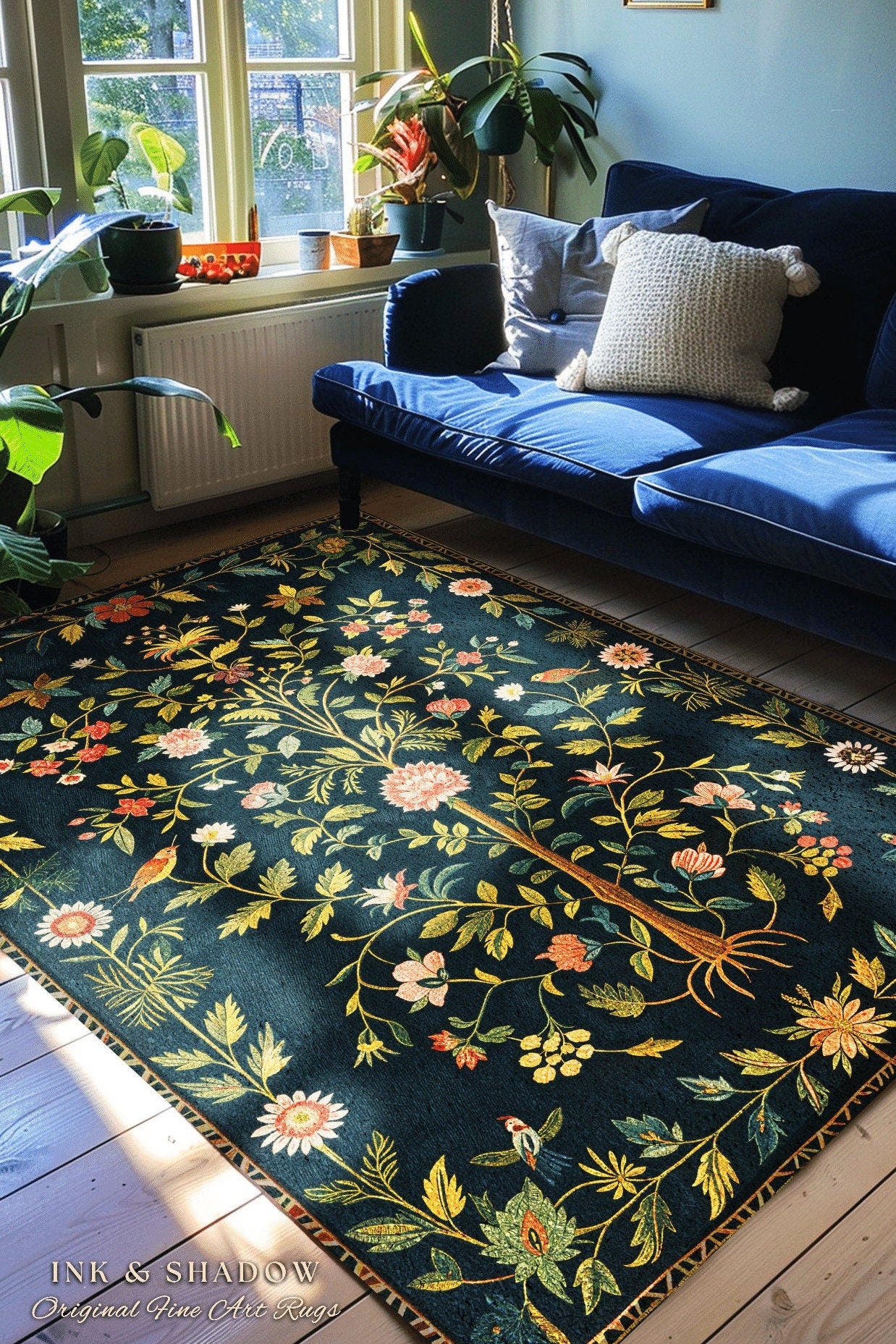 Boho Scandinavian Floral Area Rug | Wildflower Aesthetic Danish Pastel Home Decor Rustic Housewarming Gift Dark Academia Bedroom Folklore |