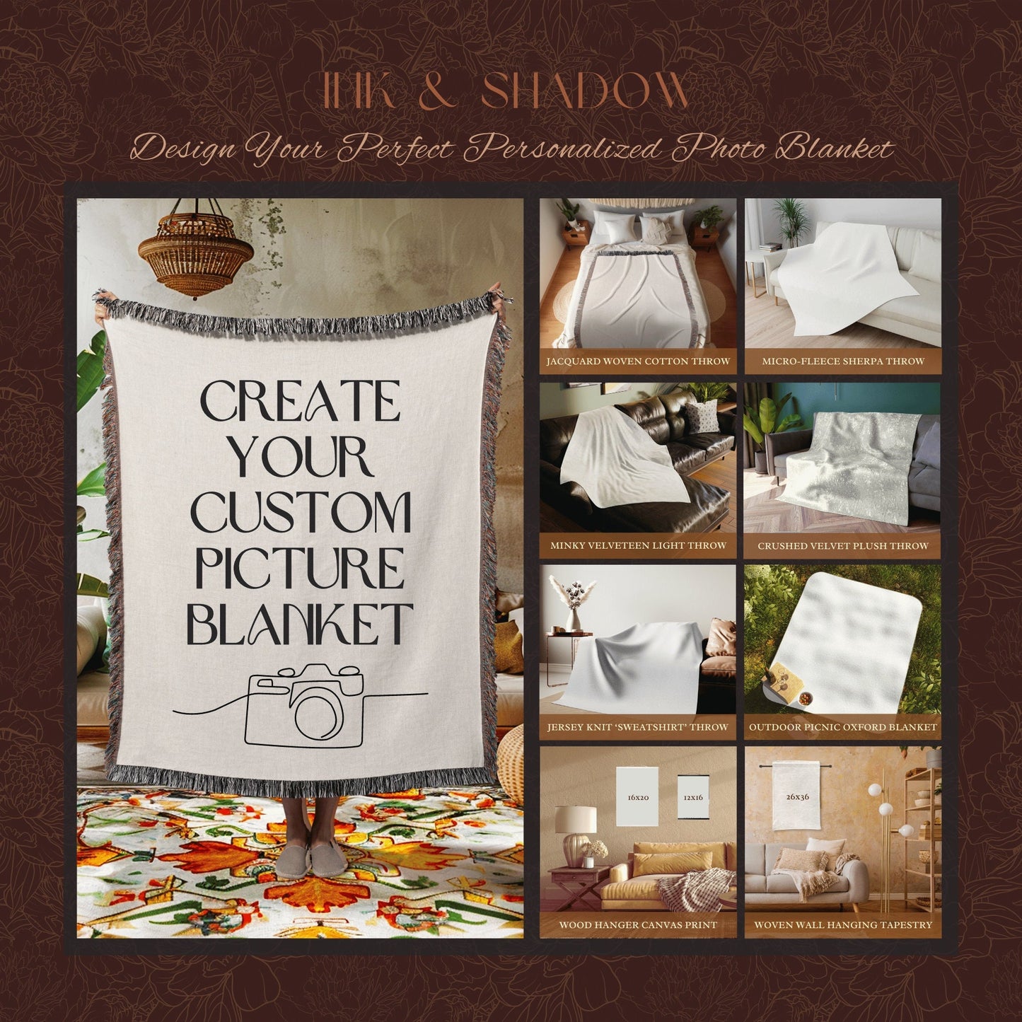 Custom Blanket Personalized Gift Make Your Own Custom Gift Design Your Own Personalized Blanket or Custom Tapestry Wall Art Ink & Shadow