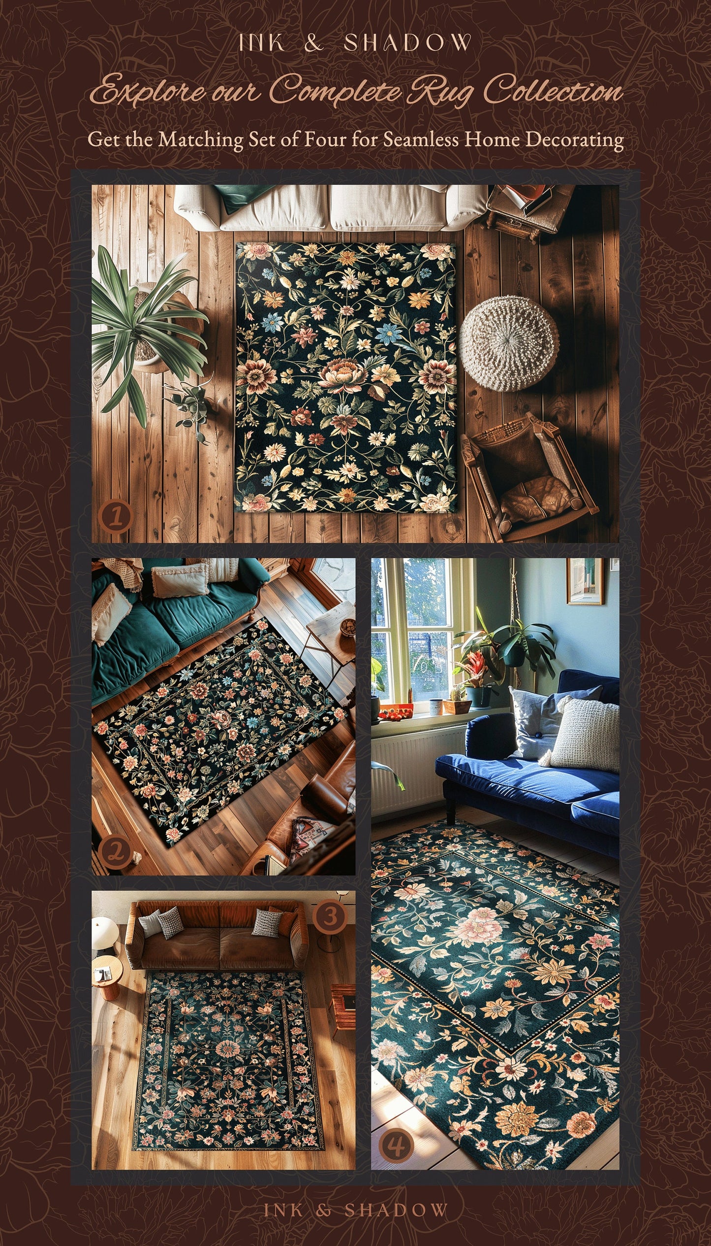 Enchanted Garden Floral Folk Art Rug, Romantic Dark Cottagecore Decor Victorian Aesthetic Fairytale Bedroom Art Accent Whimsical Rustic Home