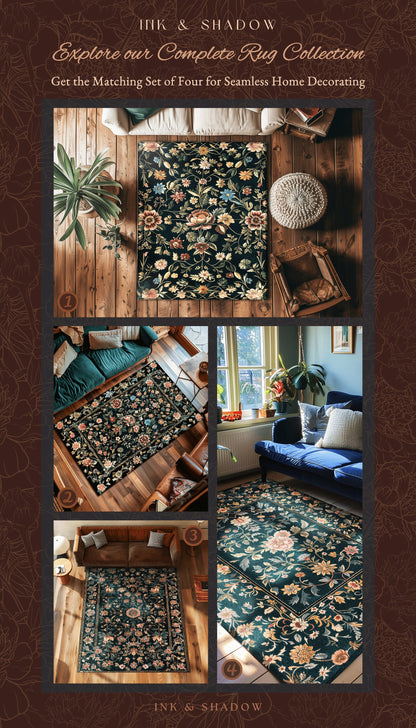 Enchanted Garden Floral Folk Art Rug, Romantic Dark Cottagecore Decor Victorian Aesthetic Fairytale Bedroom Art Accent Whimsical Rustic Home