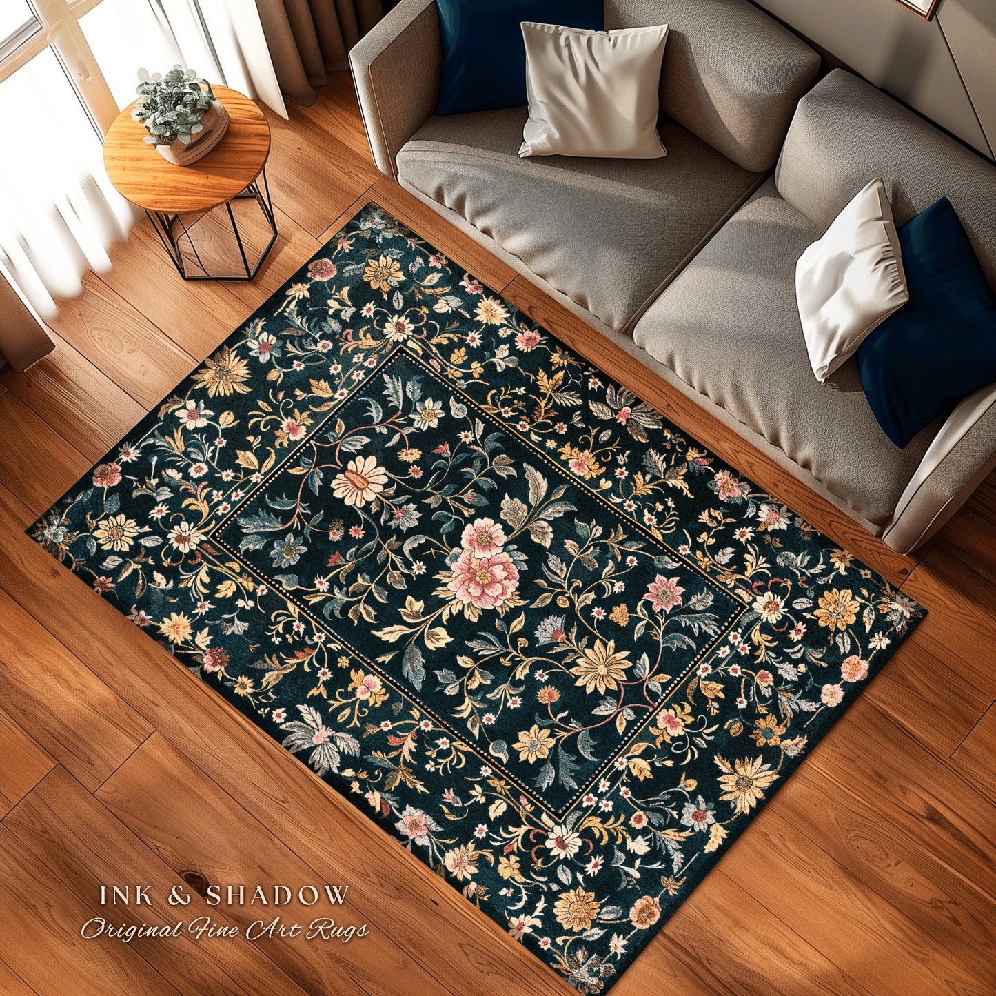 Maximalist Wildflower Rug | Dark Floral Aesthetic Danish Pastel Home Decor Rustic Housewarming Gift Fairycore Bedroom Folklore Inspired |