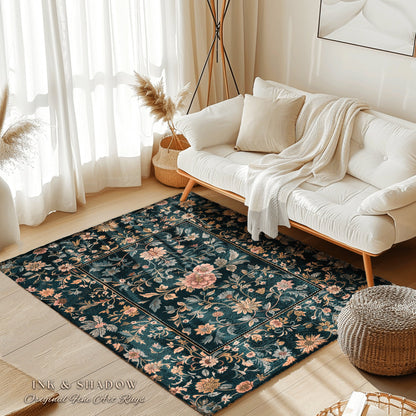 Maximalist Wildflower Rug | Dark Floral Aesthetic Danish Pastel Home Decor Rustic Housewarming Gift Fairycore Bedroom Folklore Inspired |