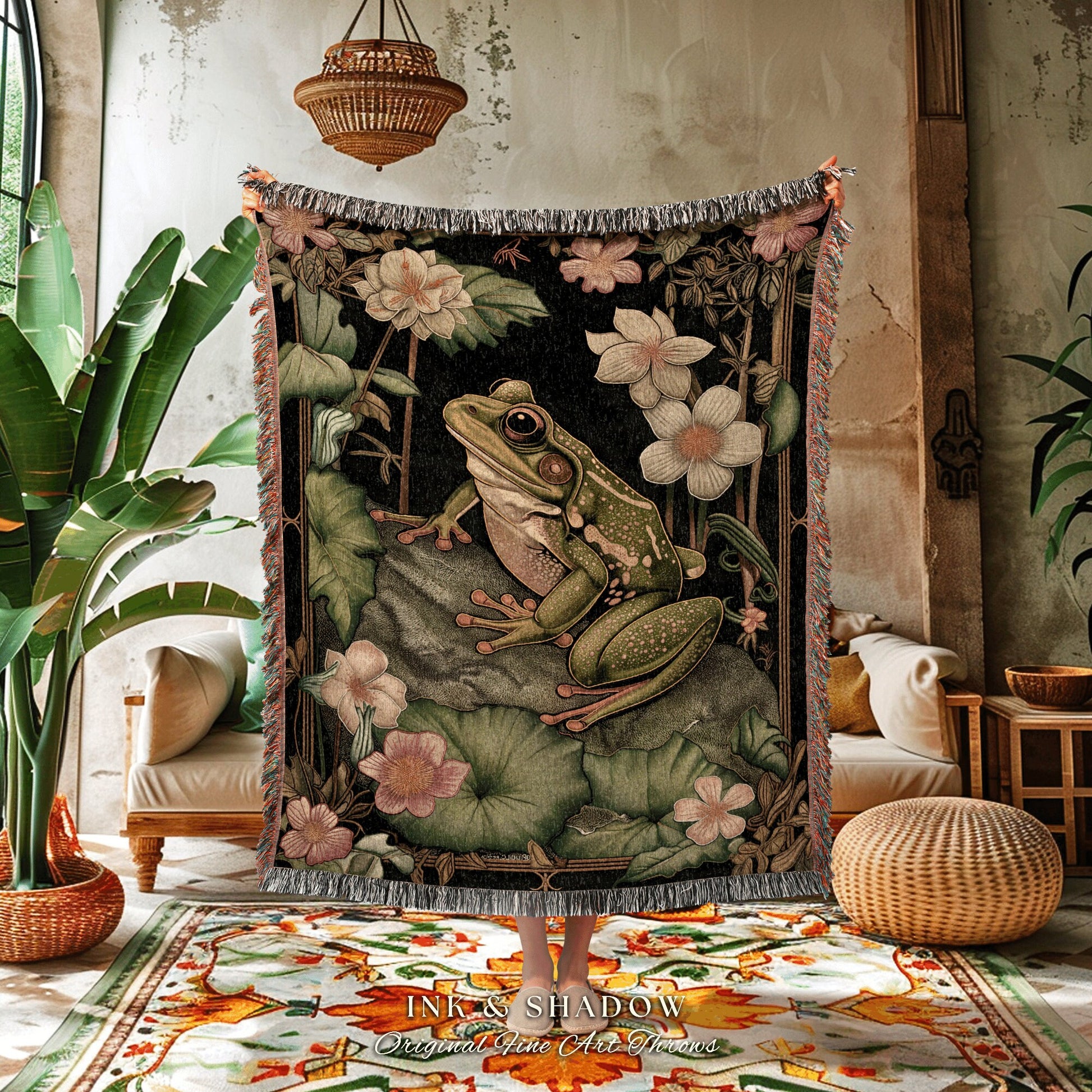 Elegant Floral Frog Blanket Woven | Ethereal Bedroom Morris Inspired Forest Aesthetic Fairy Grunge Goblincore Bedroom Tapestry Woodland Toad