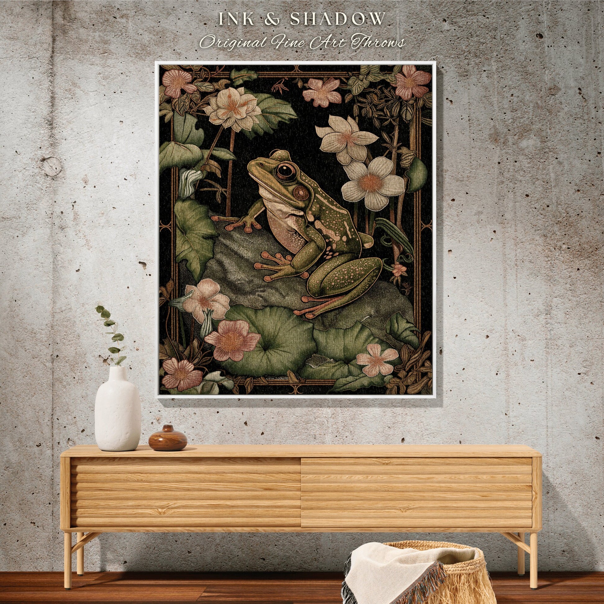 Elegant Floral Frog Blanket Woven | Ethereal Bedroom Morris Inspired Forest Aesthetic Fairy Grunge Goblincore Bedroom Tapestry Woodland Toad