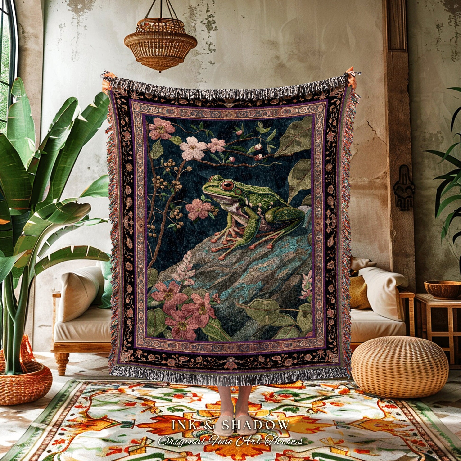 Moody Botanical Frog Throw Blanket | Ethereal Room Morris Inspired Forest Aesthetic Fairy Grunge Goblincore Blanket Woodland Toad Tapestry