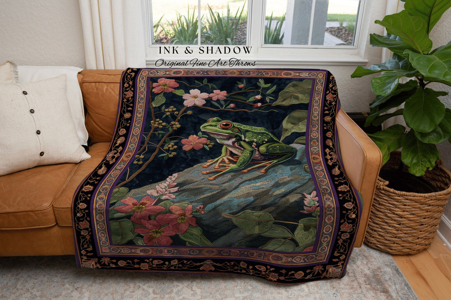 Moody Botanical Frog Throw Blanket | Ethereal Room Morris Inspired Forest Aesthetic Fairy Grunge Goblincore Blanket Woodland Toad Tapestry