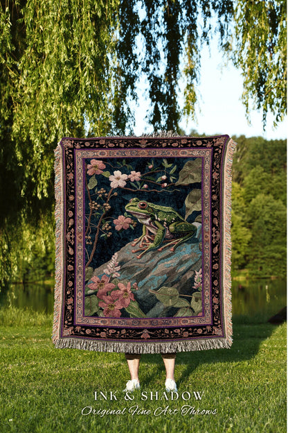 Moody Botanical Frog Throw Blanket | Ethereal Room Morris Inspired Forest Aesthetic Fairy Grunge Goblincore Blanket Woodland Toad Tapestry