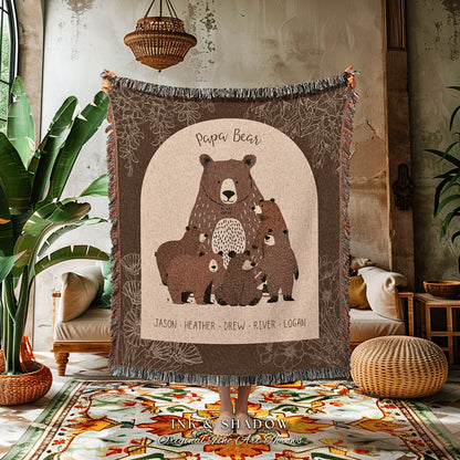 Papa Bear Custom Cozy Throw | Personalized Mom Gift from Kids Custom Mama Bear Cubs Cottagecore Family Name Tapestry Woven Grandpa Blanket |