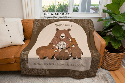 Papa Bear Custom Cozy Throw | Personalized Mom Gift from Kids Custom Mama Bear Cubs Cottagecore Family Name Tapestry Woven Grandpa Blanket |