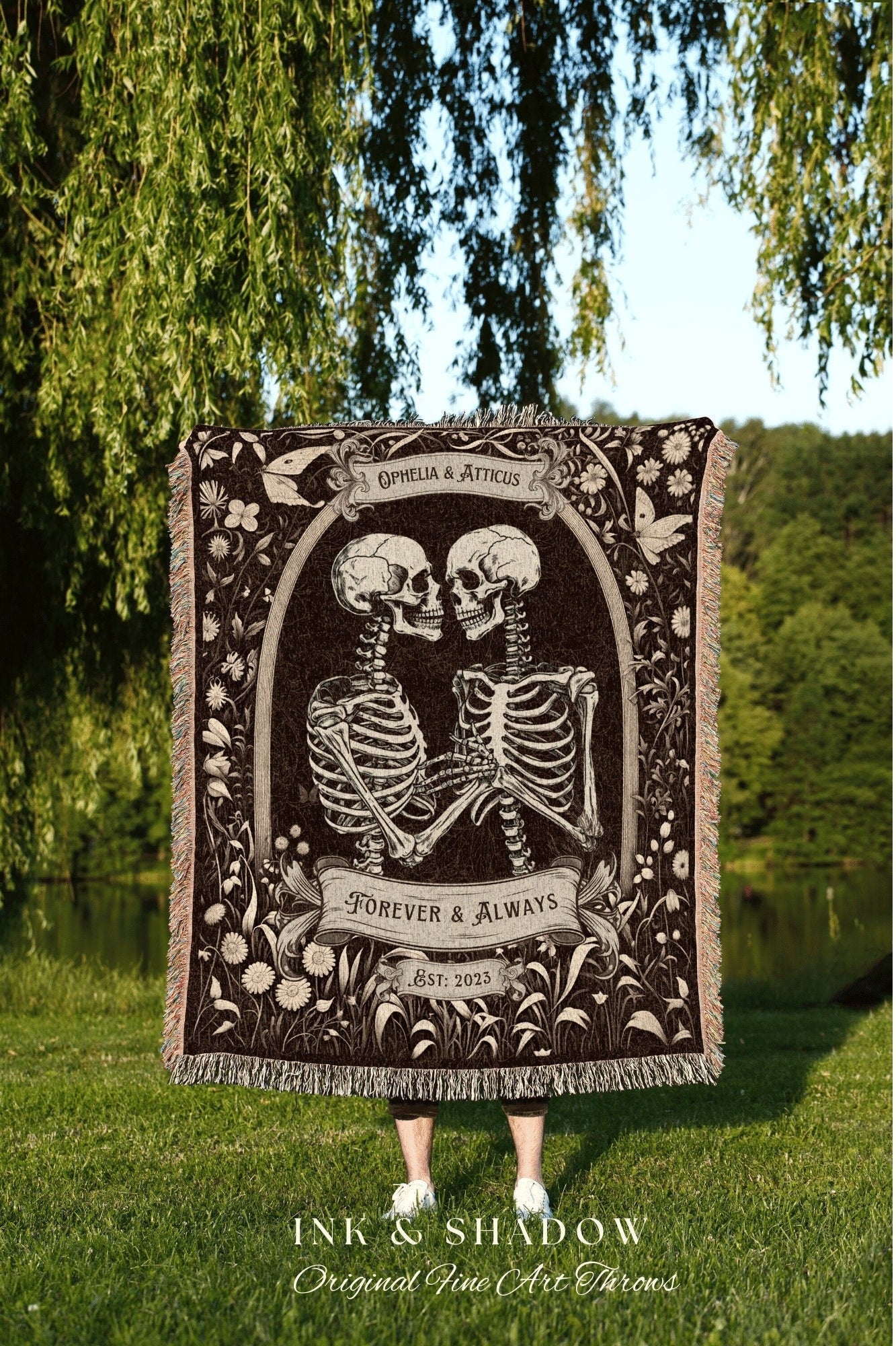 Skeleton Lovers Custom Blanket | Personalized Wedding Anniversary Blanket Unique Couple Gift for Goths Custom Tapestry Meaningful Gifts Goth