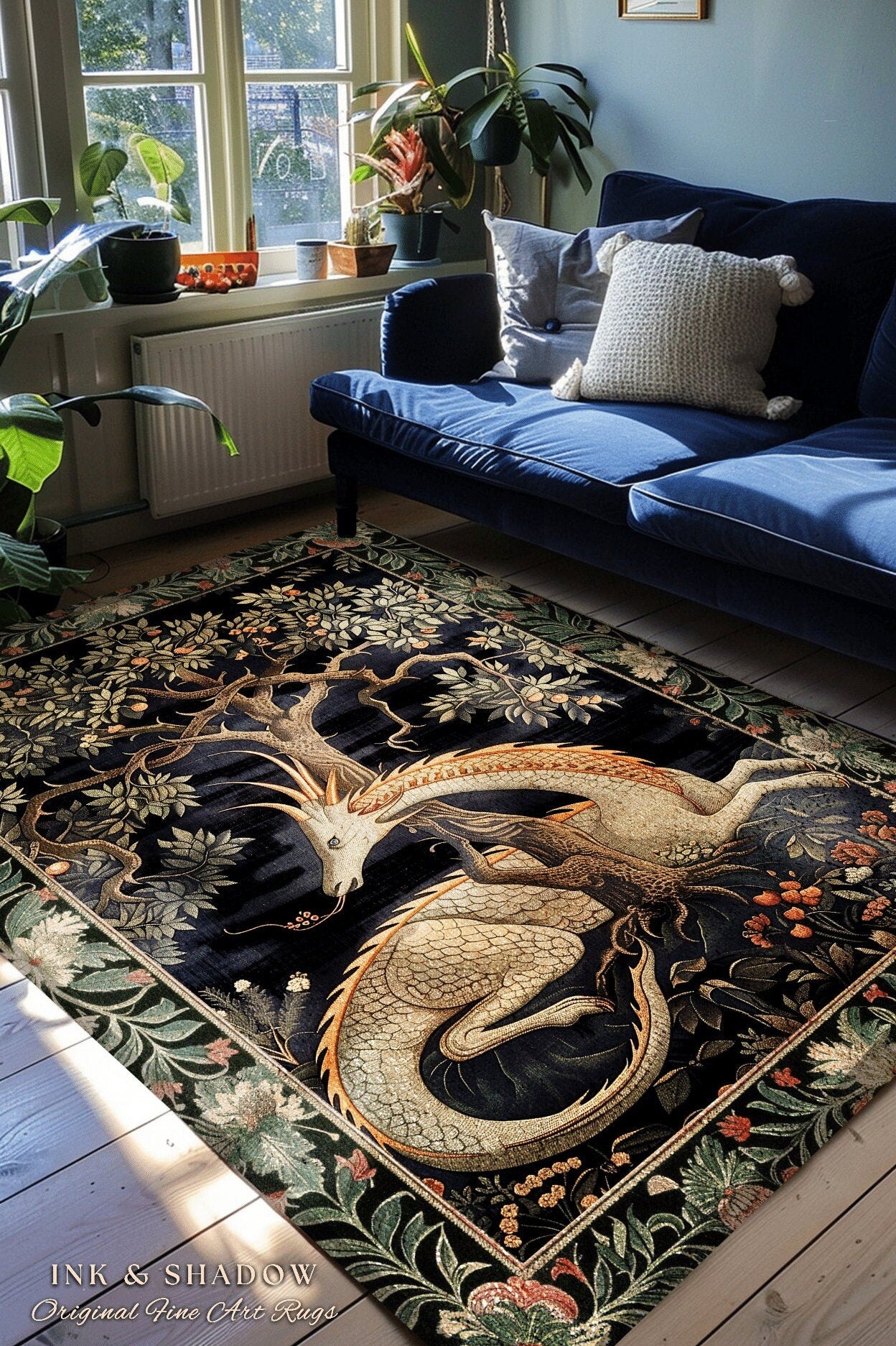 Dark Academia Dragon Area Rug | Medieval Folklore Room Decor Fairytale Inspired DnD Gift Dark Cottagecore Fairycore Mystical Game Room Rug |