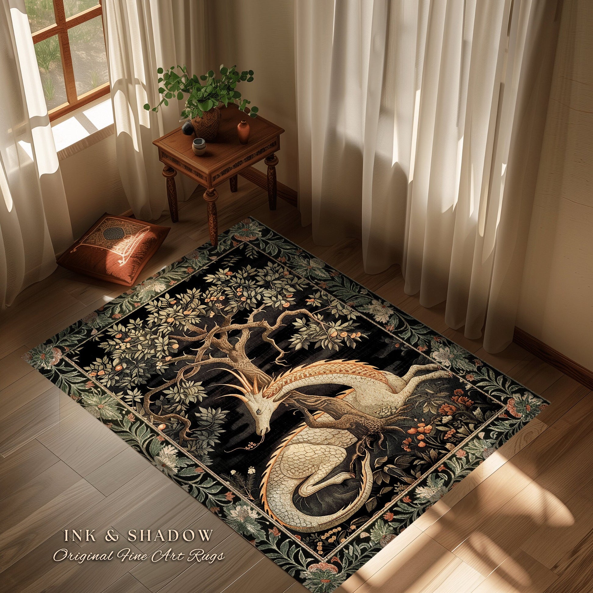 Dark Academia Dragon Area Rug | Medieval Folklore Room Decor Fairytale Inspired DnD Gift Dark Cottagecore Fairycore Mystical Game Room Rug |