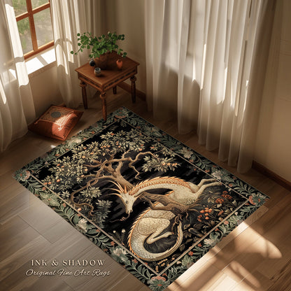 Dark Academia Dragon Area Rug | Medieval Folklore Room Decor Fairytale Inspired DnD Gift Dark Cottagecore Fairycore Mystical Game Room Rug |