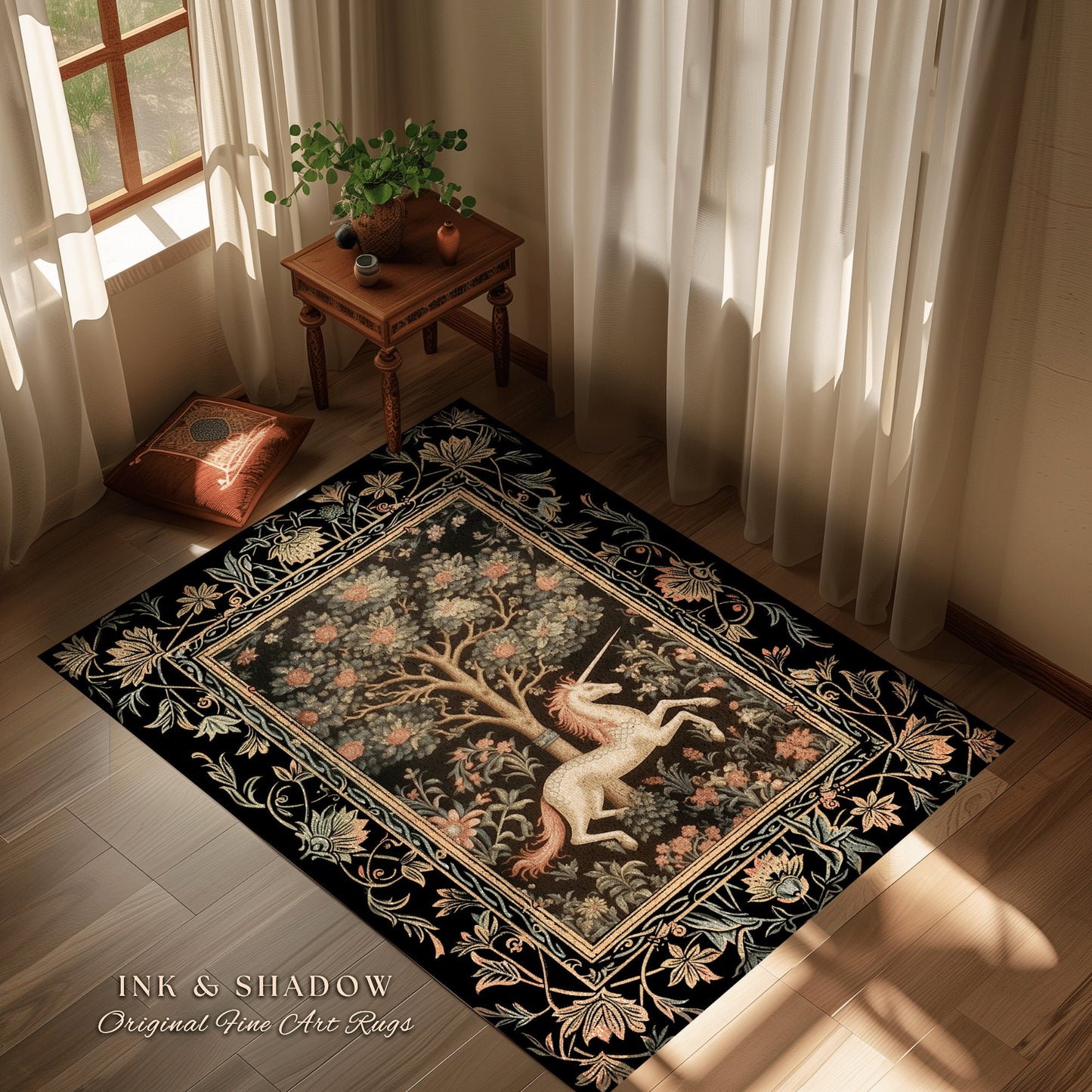 Medieval Unicorn Area Rug | Whimsical Room Decor William Morris Inspired Cottagecore Aesthetic Fairycore Bedroom Magical Unicorn Art