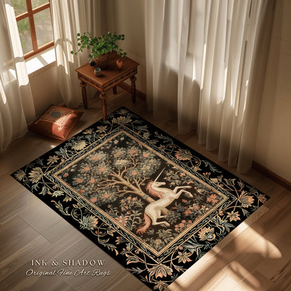 Medieval Unicorn Area Rug | Whimsical Room Decor William Morris Inspired Cottagecore Aesthetic Fairycore Bedroom Magical Unicorn Art