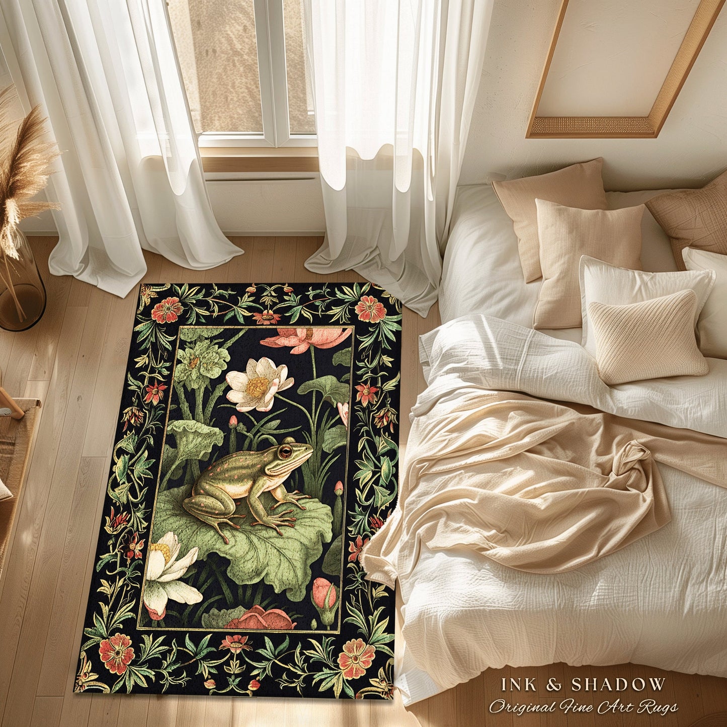 Goblincore Frog Rug | Eclectic Room Decor William Morris Inspired Forest Aesthetic Boho Grunge Fairycore Bedroom Rug Woodland Frog Art