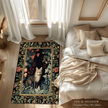 Woodland Gothic Fox Forestcore Rug Dark Botanical Cottagegoth Room Decor | Vintage Aesthetic Mystical Forest Fox Rug Floral Fairycore Decor