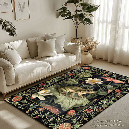 Goblincore Frog Rug | Eclectic Room Decor William Morris Inspired Forest Aesthetic Boho Grunge Fairycore Bedroom Rug Woodland Frog Art