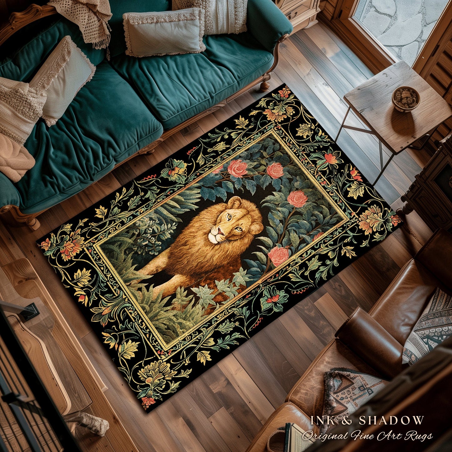 Dark Floral Lion Rug Whimsical Botanical Dark Cottagecore Decor | Boho Fairycore Jungle Decor Boho Lion Cozy Gothic Victorian Goth Aesthetic