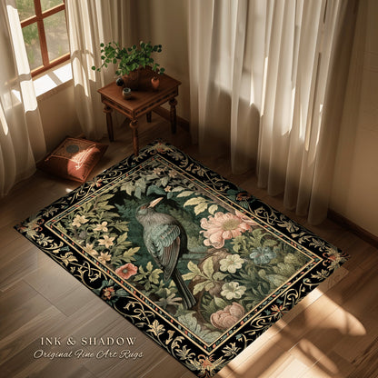 Dark Floral Raven Area Rug | Ethereal Gothic Room Decor William Morris Inspired Cottagecore Aesthetic Dark Fairycore Bedroom Crow Core Art |
