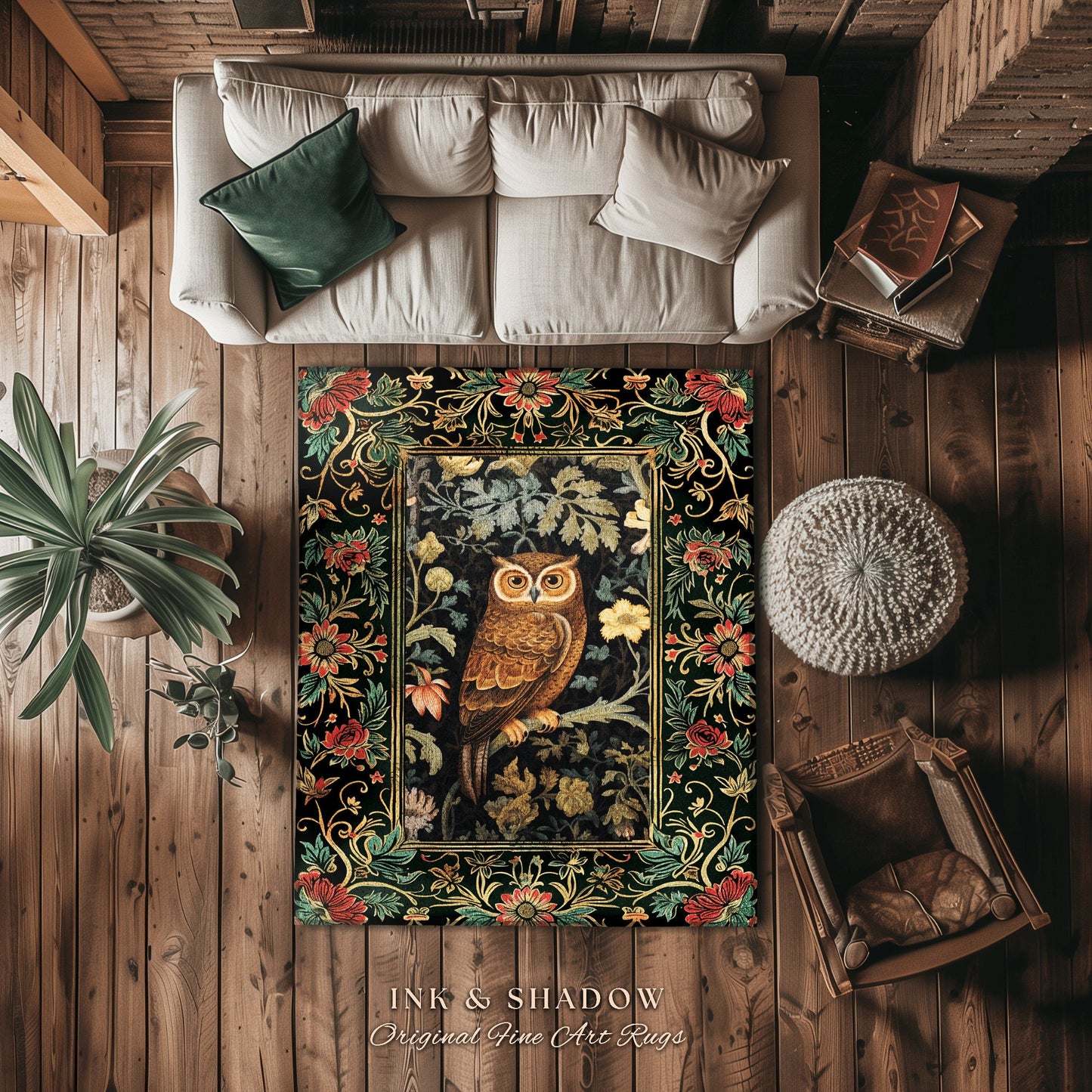 Whimsical Book Nook Owl Rug | Woodland Room Decor William Morris Inspired Forest Aesthetic Fairycore Boho Bedroom Rug Floral Owl Decoration