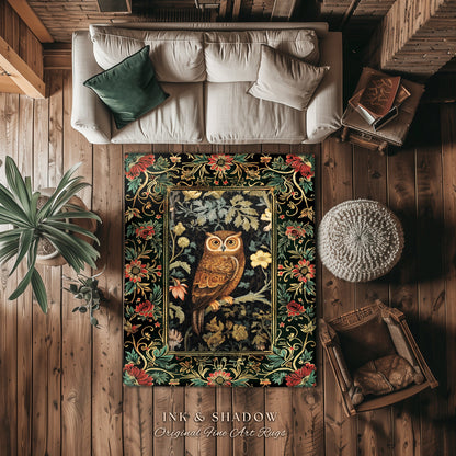 Whimsical Book Nook Owl Rug | Woodland Room Decor William Morris Inspired Forest Aesthetic Fairycore Boho Bedroom Rug Floral Owl Decoration