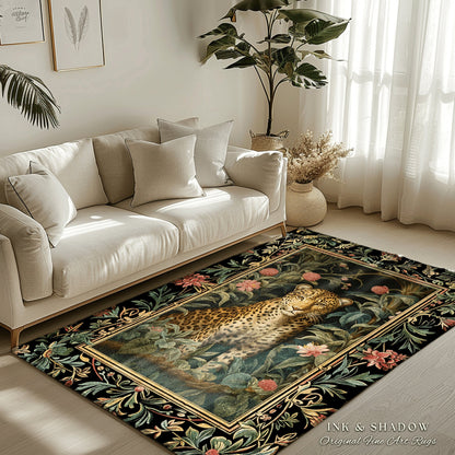 Floral Forest Dark Cottagecore Round Leopard Rug | Nature Inspired Morris Style Fairycore Boho Jungle Wildlife Whimsical Botanical Art Decor