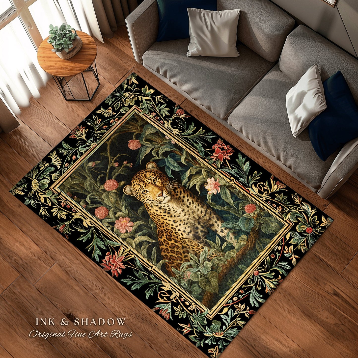 Leopard Rug Dark Floral | Nature Inspired Room Decor William Morris Style Aesthetic Fairycore Boho Bedroom Rug Jungle Cheetah Nursery Decor