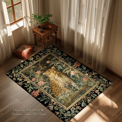 Floral Forest Dark Cottagecore Round Leopard Rug | Nature Inspired Morris Style Fairycore Boho Jungle Wildlife Whimsical Botanical Art Decor
