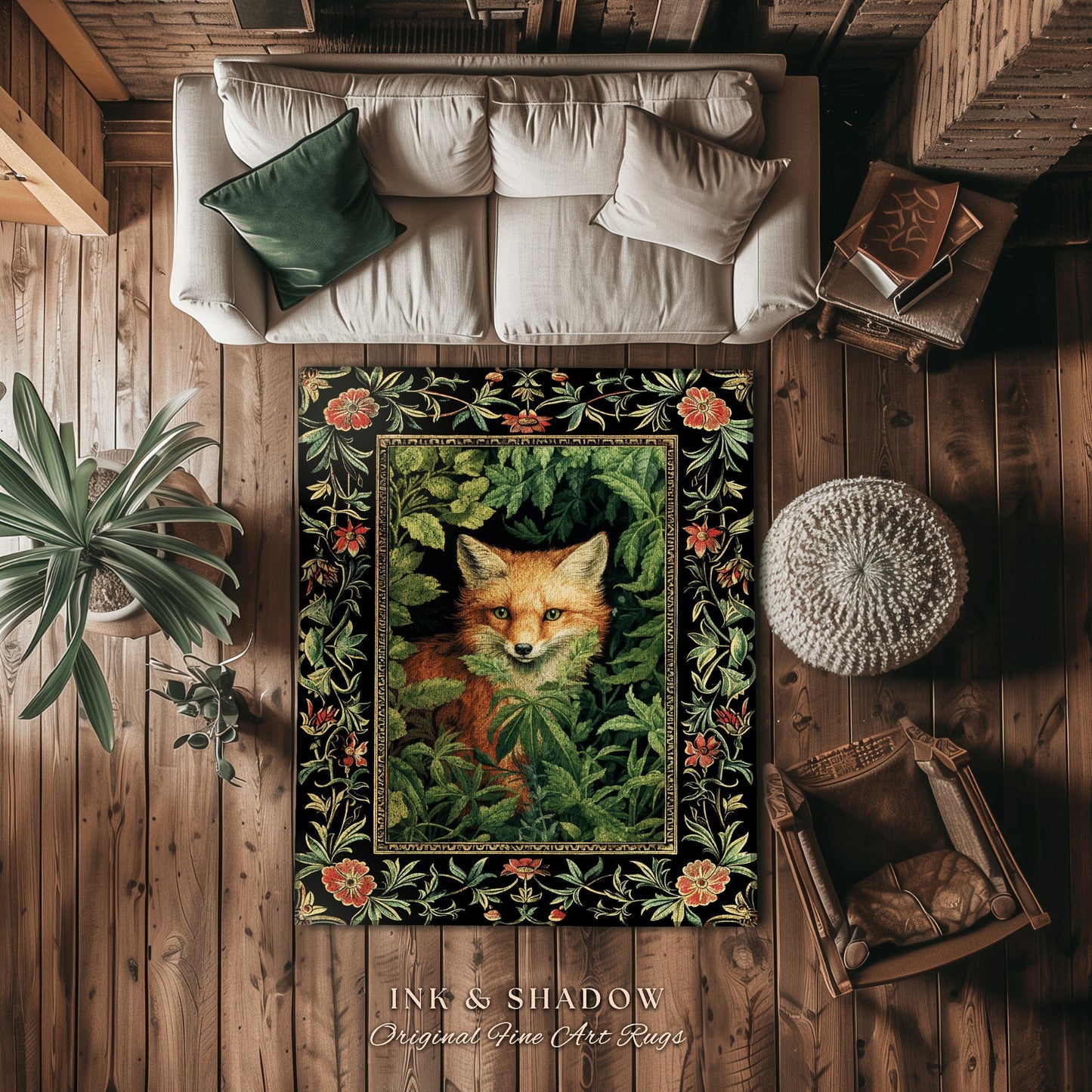 Dark Botanical Fox Rug Vintage Forest Aesthetic | Goth Cottagecore Woodland Fox Decor Boho Fairycore Rug Nature Lovers Housewarming Gifts