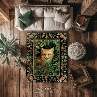 Dark Botanical Fox Rug Vintage Forest Aesthetic | Goth Cottagecore Woodland Fox Decor Boho Fairycore Rug Nature Lovers Housewarming Gifts