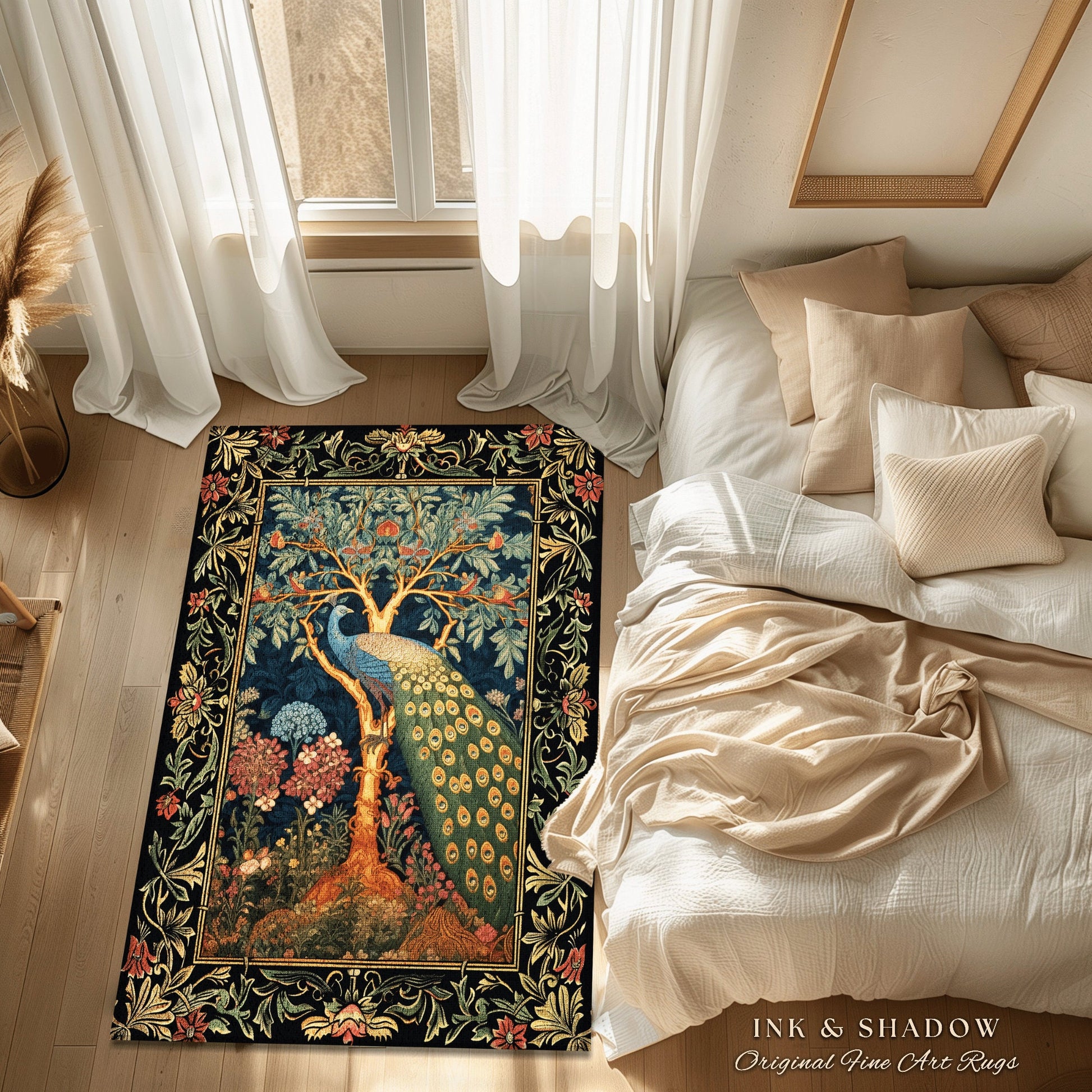 Cottagecore Peacock Accent Rug | Royalcore Floral Room Decor William Morris Inspired Cottagecore Aesthetic Fairycore Bedroom Ethereal