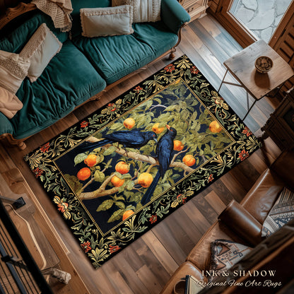 Woodland Gothic Raven Rug Crowcore Home Decor | Cottagegoth Moody Botanical Bird Art Dark Cottagecore Vintage Aesthetic Fairycore Fall Decor