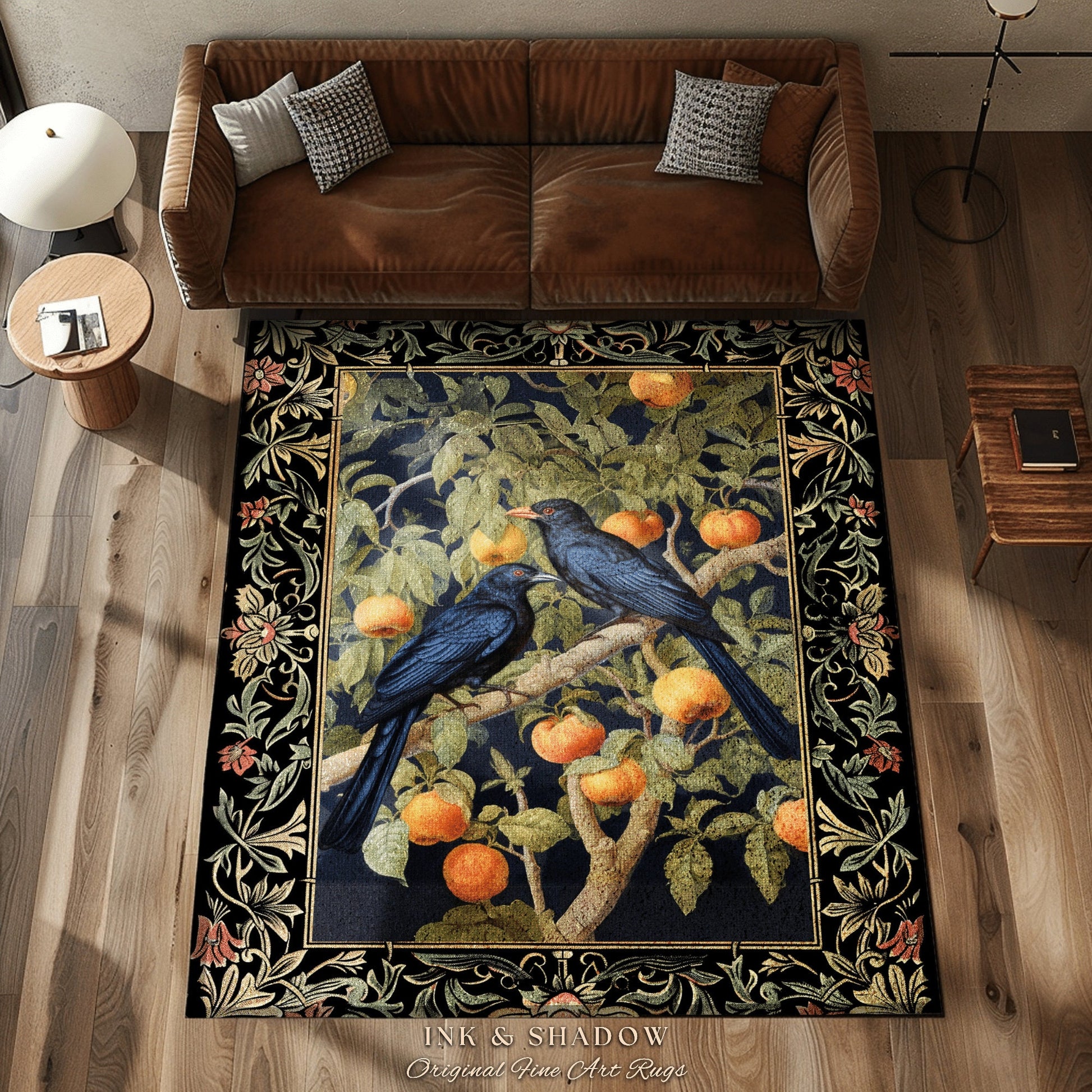 Woodland Gothic Raven Rug Crowcore Home Decor | Cottagegoth Moody Botanical Bird Art Dark Cottagecore Vintage Aesthetic Fairycore Fall Decor