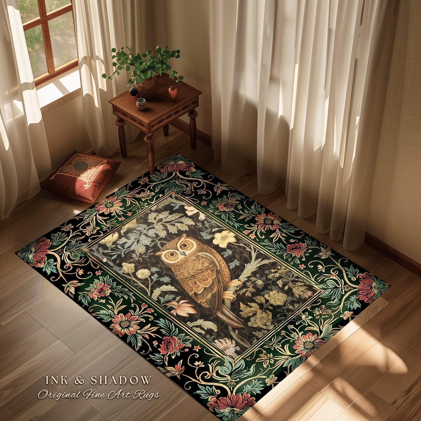 Whimsical Book Nook Owl Rug | Woodland Room Decor William Morris Inspired Forest Aesthetic Fairycore Boho Bedroom Rug Floral Owl Decoration