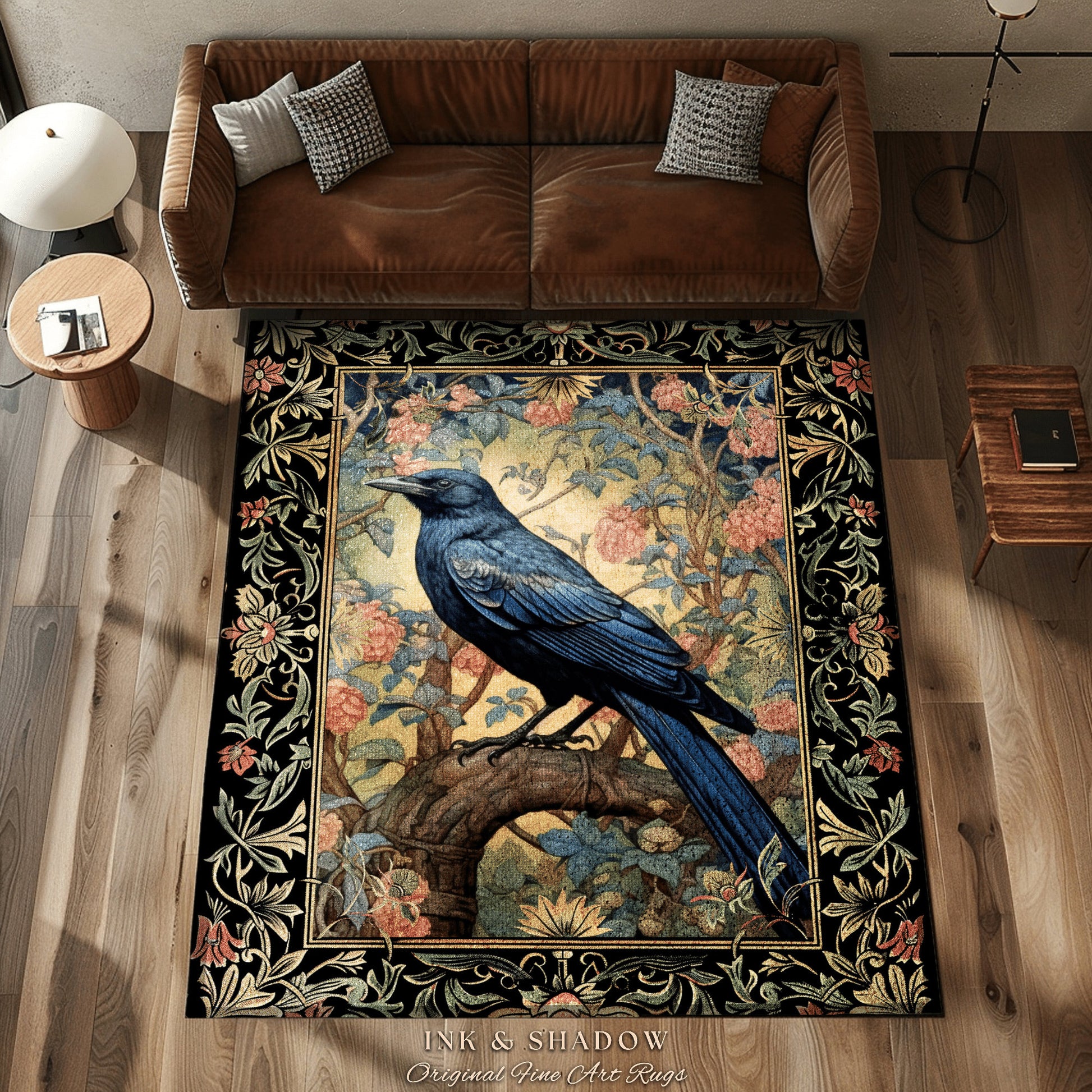 Whimsical Raven Rug Dark Floral Boho Fairycore Decor | Dark Cottagecore Crow Rug Forestcore Which Aesthetic Woodland Gothic Crowcore Decor