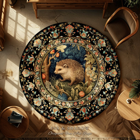 Hedge Hog Floor Rug | Forestcore Decor William Morris Style Cottagecore Reading Corner Dark Fairycore Room Mystical Woodland Hedgehog Art