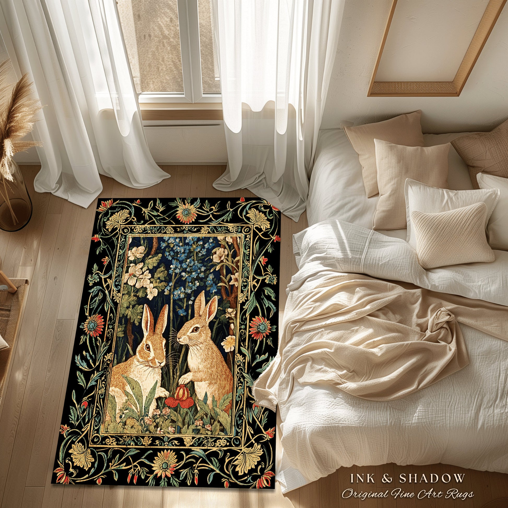 Bunnies in the Woodland Rug | Spring Bunnies Room Decor William Morris Inspired Forest Aesthetic Fairycore Bedroom Floral Bunny Victorian