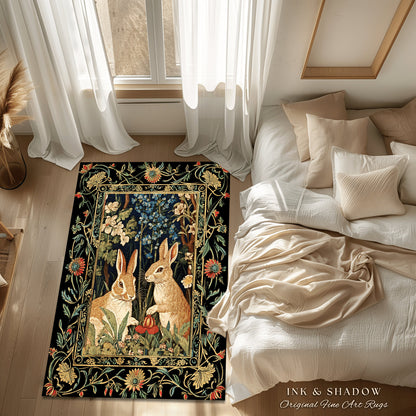 Bunnies in the Woodland Rug | Spring Bunnies Room Decor William Morris Inspired Forest Aesthetic Fairycore Bedroom Floral Bunny Victorian