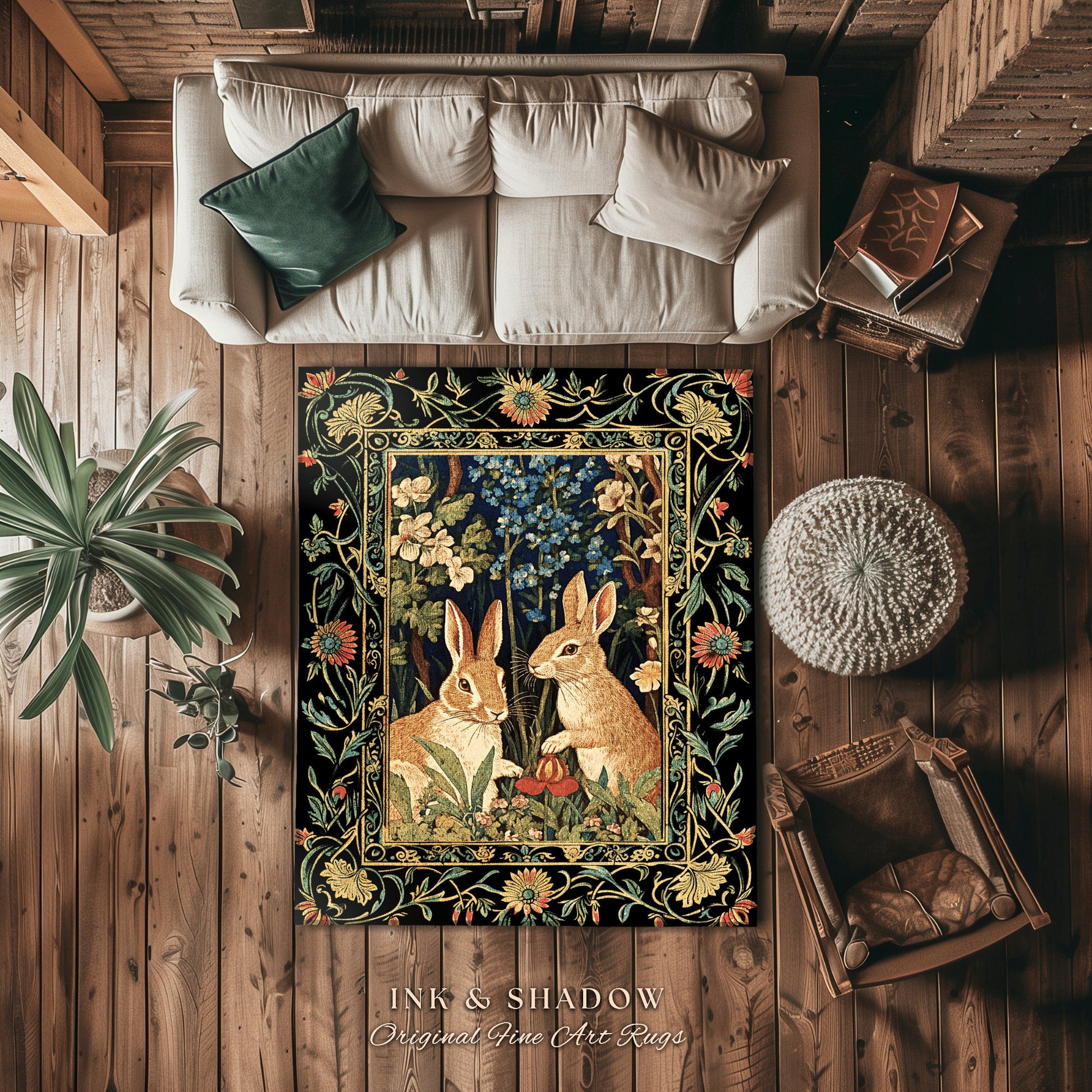 Bunnies in the Woodland Rug | Spring Bunnies Room Decor William Morris Inspired Forest Aesthetic Fairycore Bedroom Floral Bunny Victorian