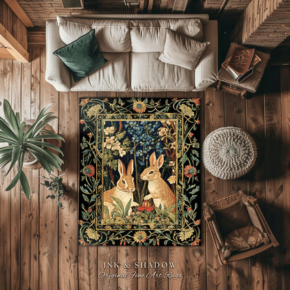 Bunnies in the Woodland Rug | Spring Bunnies Room Decor William Morris Inspired Forest Aesthetic Fairycore Bedroom Floral Bunny Victorian