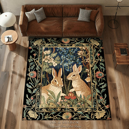 Bunnies in the Woodland Rug | Spring Bunnies Room Decor William Morris Inspired Forest Aesthetic Fairycore Bedroom Floral Bunny Victorian