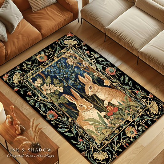 Bunnies in the Woodland Rug | Spring Bunnies Room Decor William Morris Inspired Forest Aesthetic Fairycore Bedroom Floral Bunny Victorian