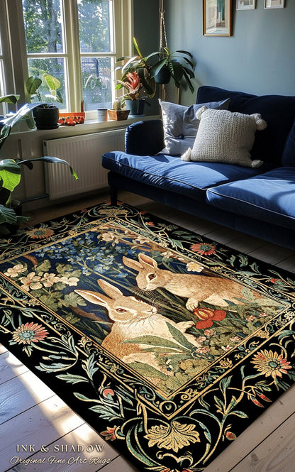 Bunnies in the Woodland Rug | Spring Bunnies Room Decor William Morris Inspired Forest Aesthetic Fairycore Bedroom Floral Bunny Victorian