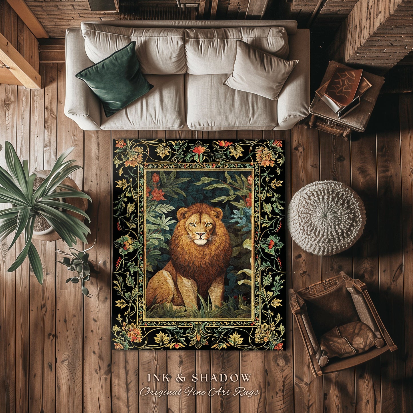 Lion Area Rug Botanical | Nature Inspired Room Decor William Morris Style Aesthetic Fairycore Boho Bedroom Rug Jungle Leopard Dark Floral