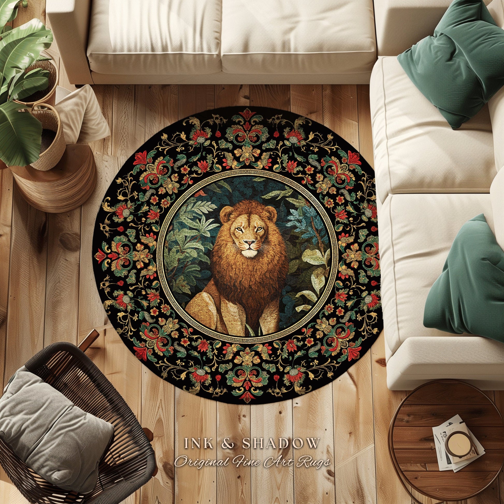 Lion Area Rug Botanical | Nature Inspired Room Decor William Morris Style Aesthetic Fairycore Boho Bedroom Rug Jungle Leopard Dark Floral