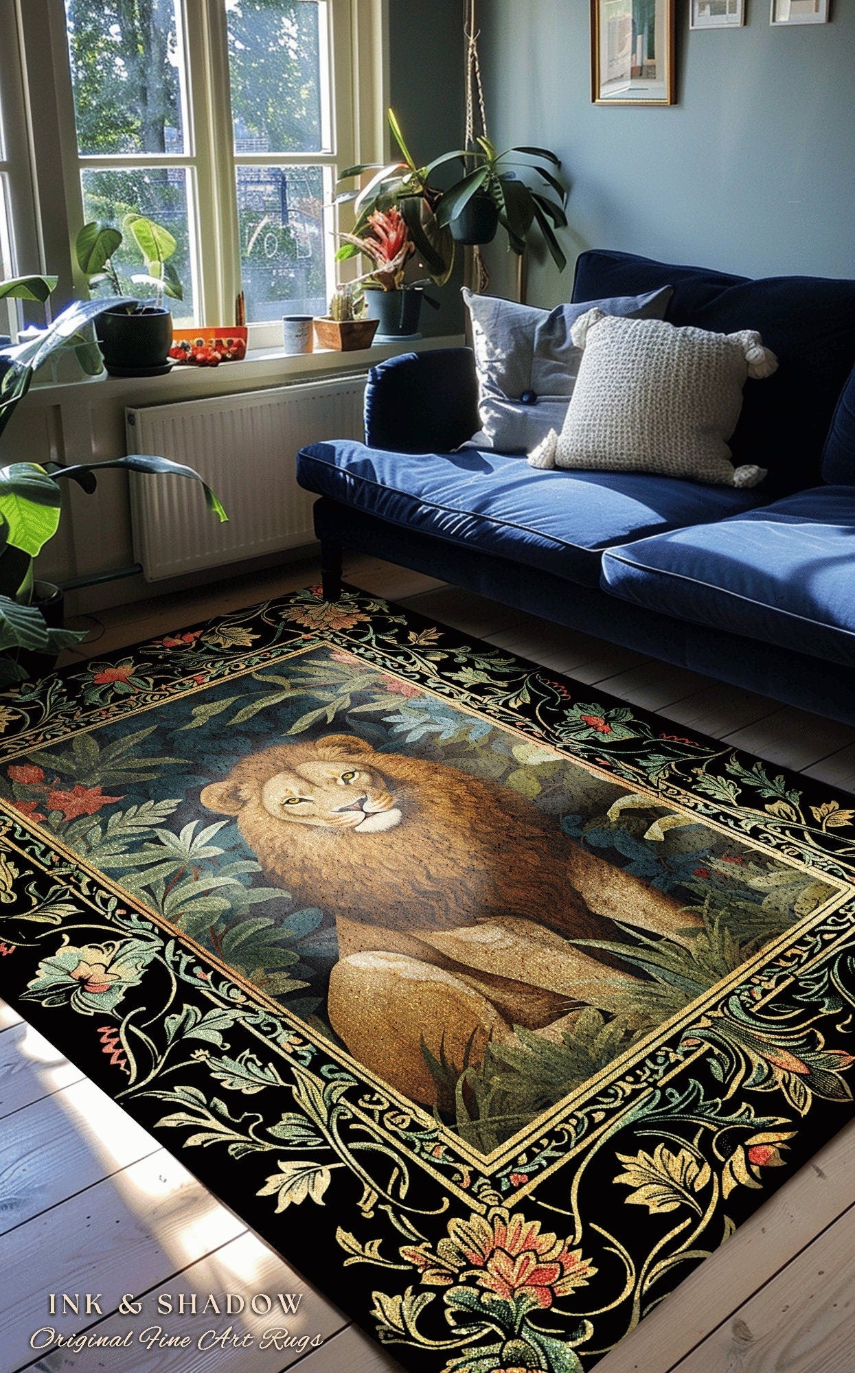 Lion Area Rug Botanical | Nature Inspired Room Decor William Morris Style Aesthetic Fairycore Boho Bedroom Rug Jungle Leopard Dark Floral