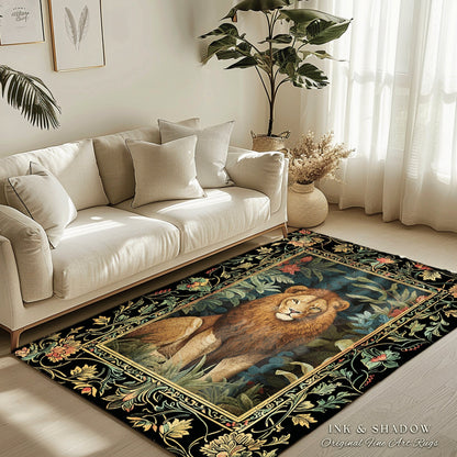 Lion Area Rug Botanical | Nature Inspired Room Decor William Morris Style Aesthetic Fairycore Boho Bedroom Rug Jungle Leopard Dark Floral